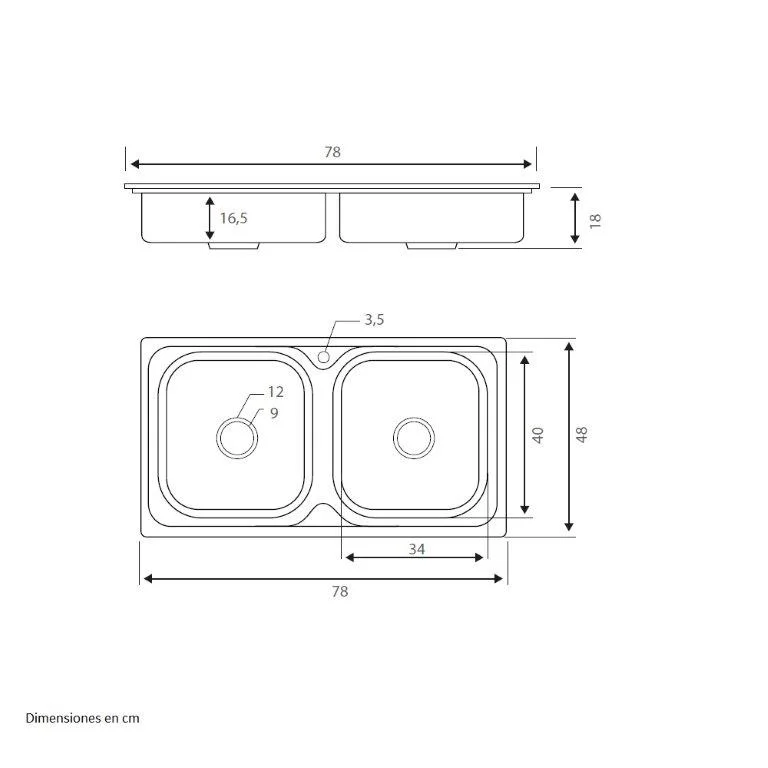 lav empotrar 78x48,9cm 2 cubetas c/sifon y desague - Imagen 2
