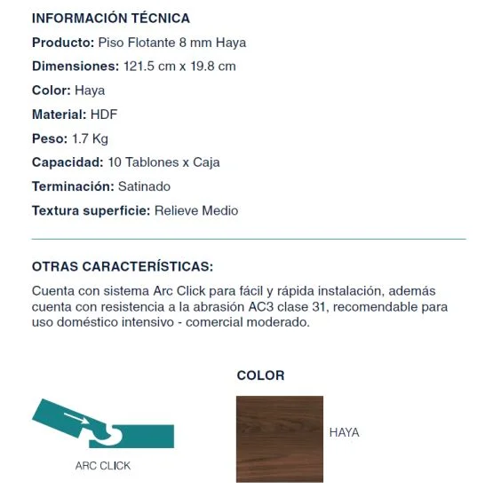 piso flotante efloor 8mm haya 2.4m2/cj imp - Imagen 4