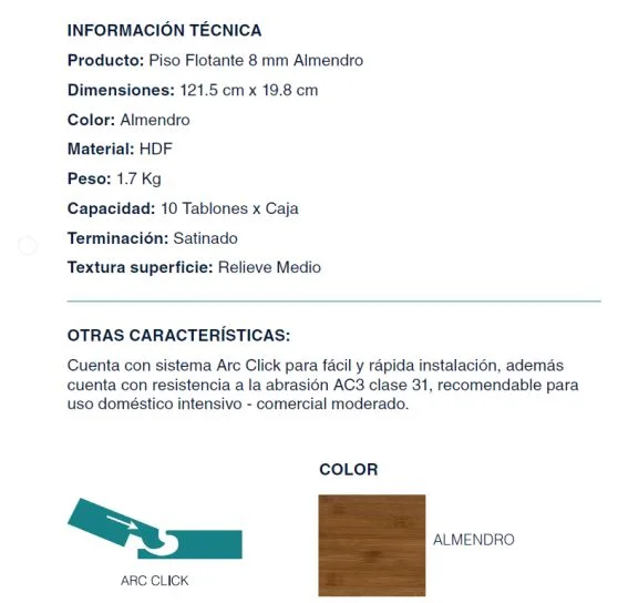piso flotante efloor 8mm almendro 2.4m2/cj 3725 - Imagen 4